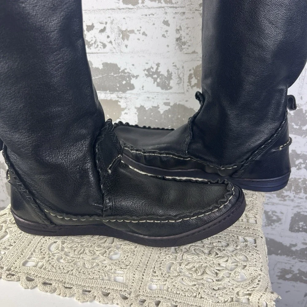El Vaquero Black Majove Over The Knee Moccasin Boots Sz38 US 7.5-8 Leather Moto